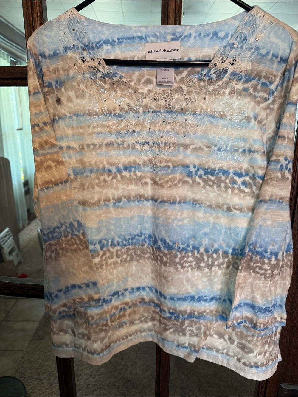 Alfred Dunner Womens Blue Tan Abstract Animal Print Lace Rhinestone Top Medium